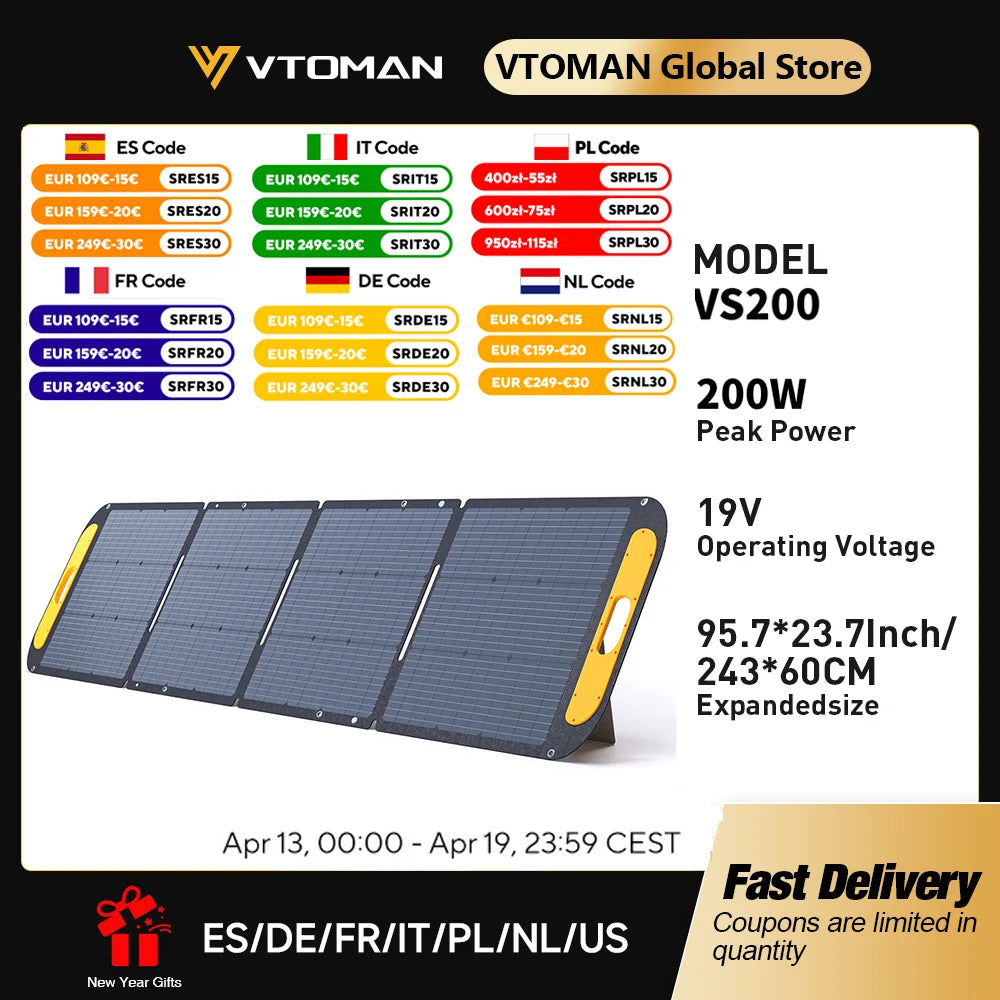 VTOMAN VS200 200W Foldable Solar Panel Portable Solar Charger for Power Stations, RV & Outdoor Use
